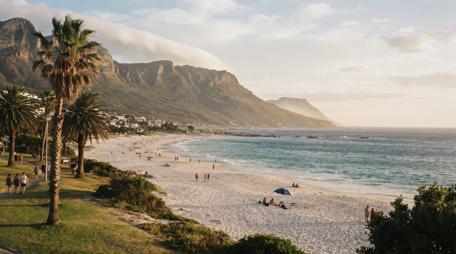 Camps Bay beach in late-afternoon summer light with cloud spilling over the Twelve Apostles, weighing the best time to visit Cape Town