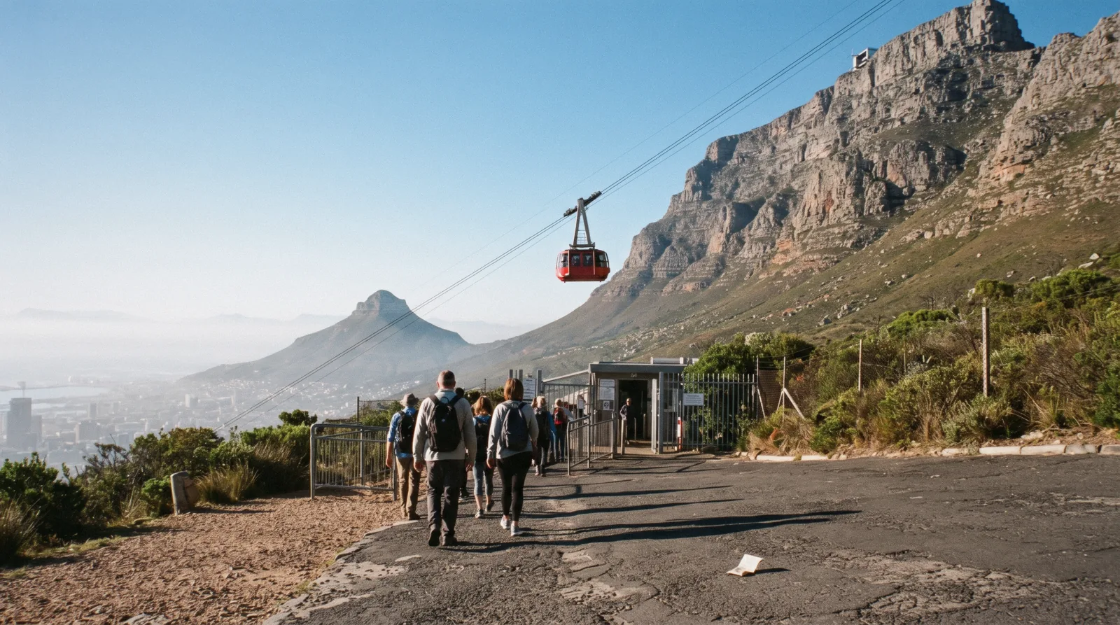 The cableway car rising toward the summit of Table Mountain at 08:30, the first stop of one day in Cape Town