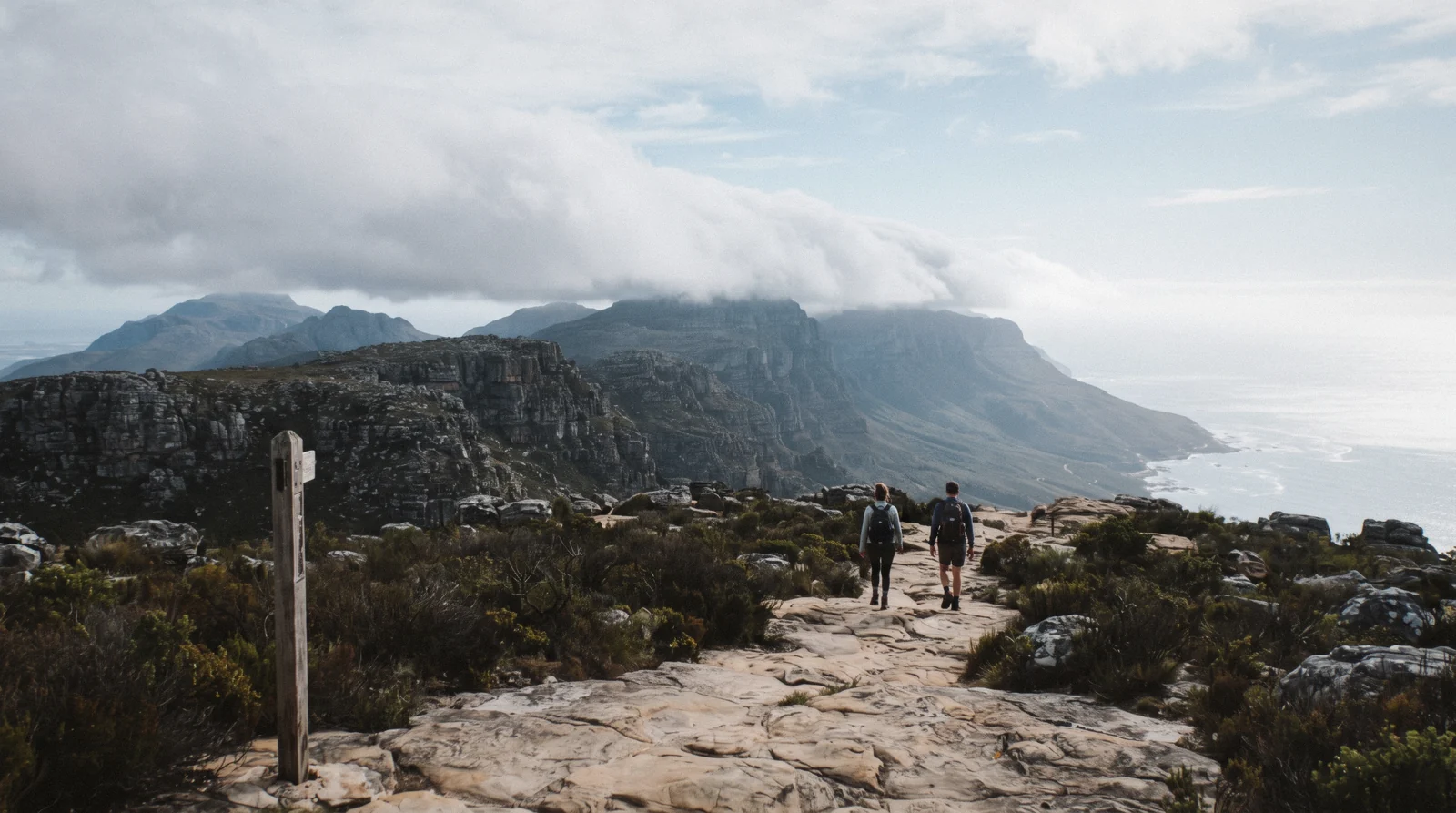 Looking down the Cape Peninsula from the Table Mountain plateau on the first morning of a 3-day Cape Town itinerary