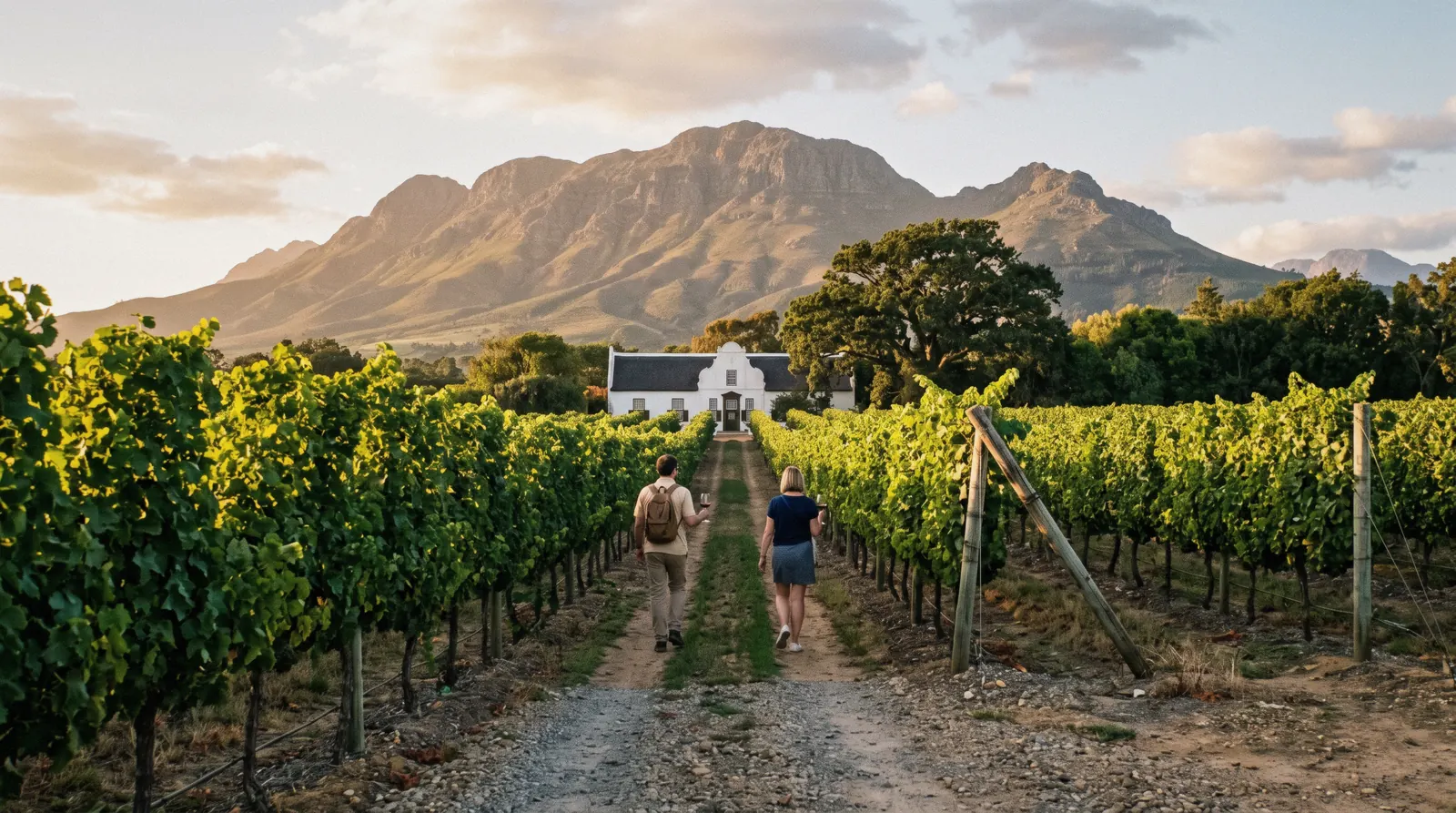 Vineyard rows running toward the Simonsberg on the Winelands day of a Cape Town 5 day itinerary