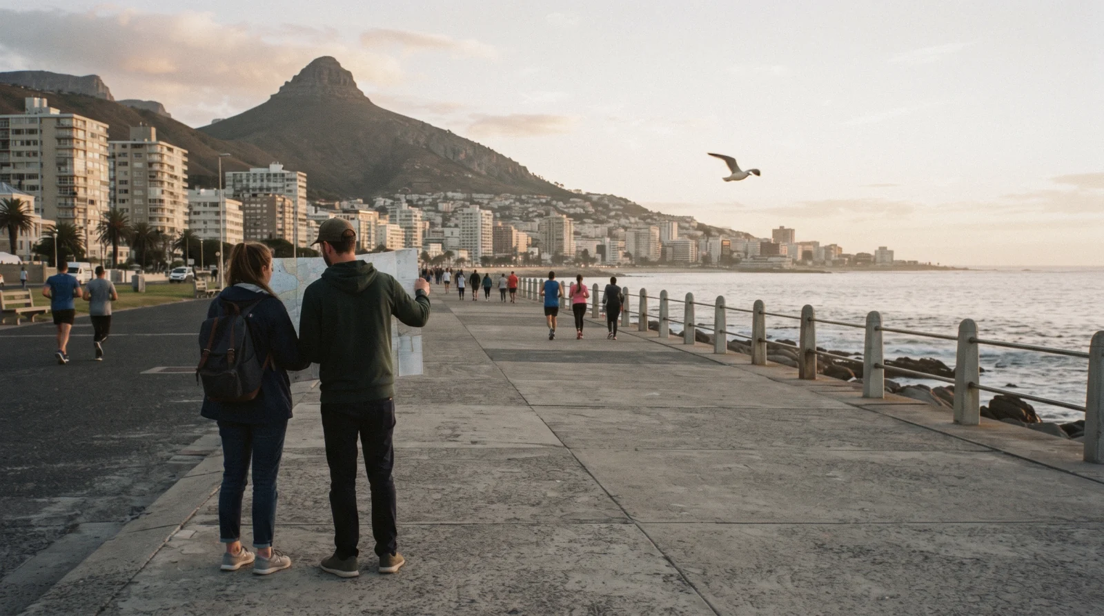 Two visitors reading a paper map on the Sea Point Promenade with Lion's Head behind, on a Cape Town map and orientation page