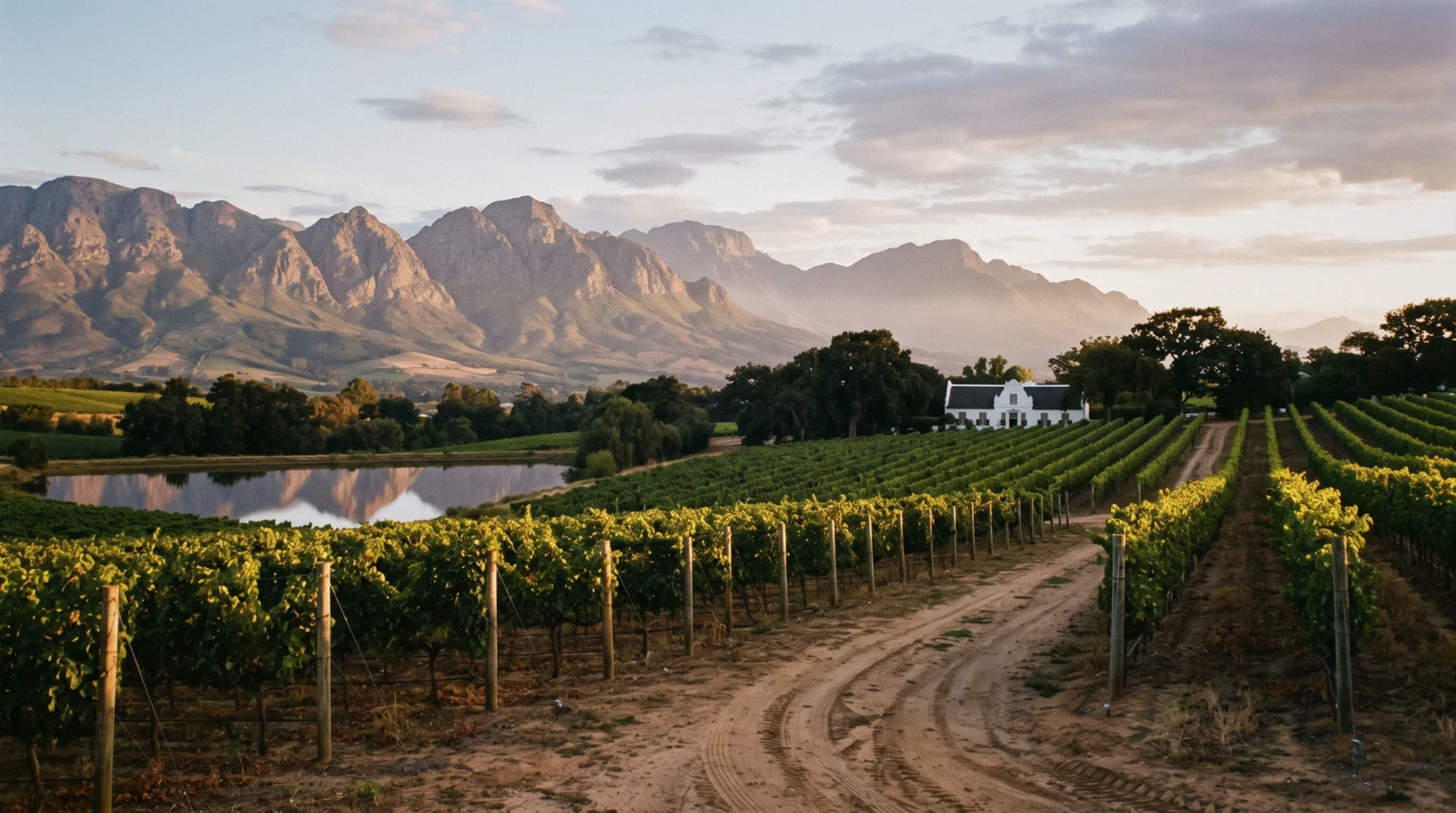 Vineyard rows running toward the Simonsberg mountains in the Cape Winelands at golden hour, a farm dam mirroring the peaks