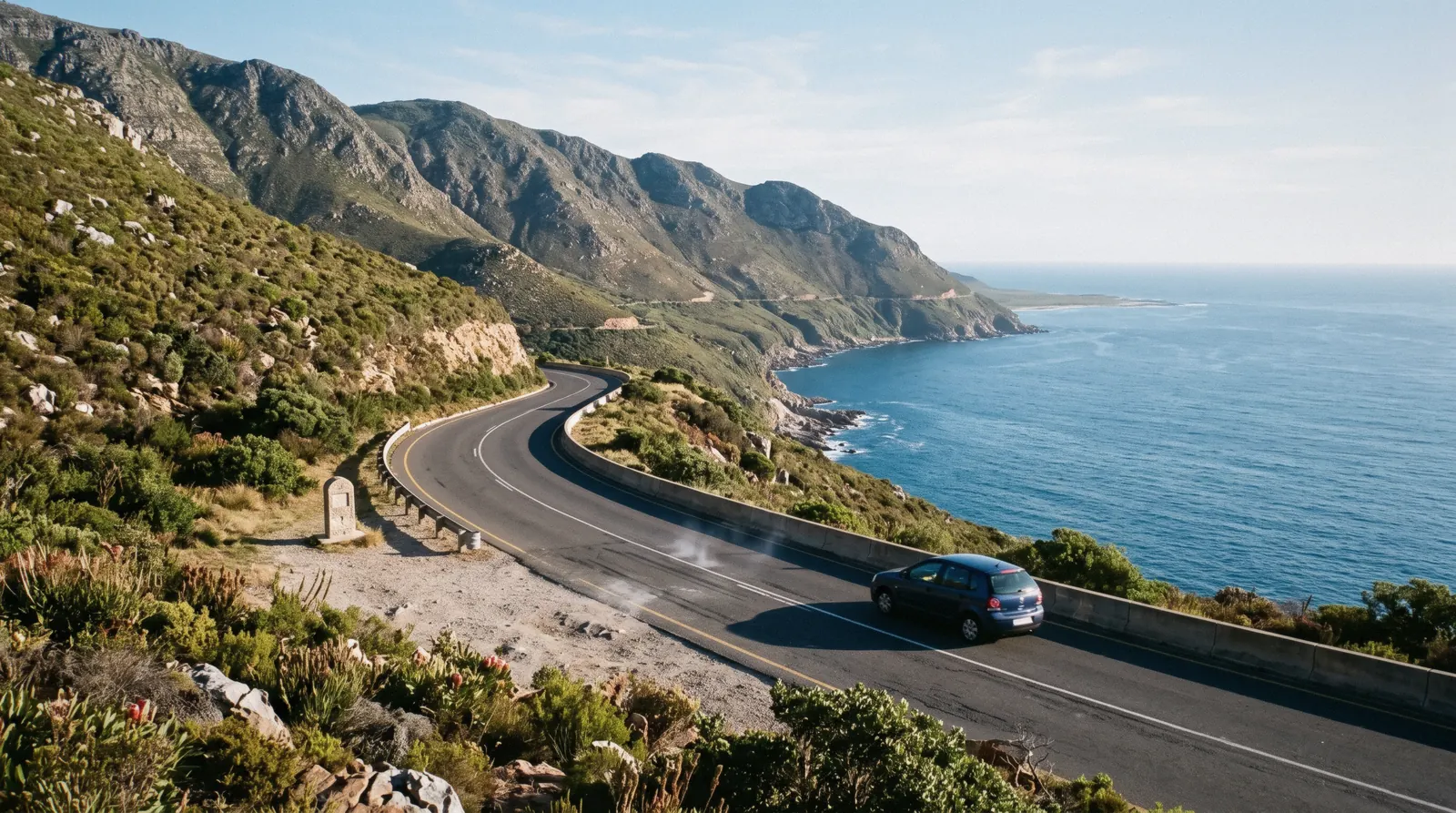 The R44 coastal road curving between mountains and the sea toward the whale coast, the classic day trips from Cape Town landscape