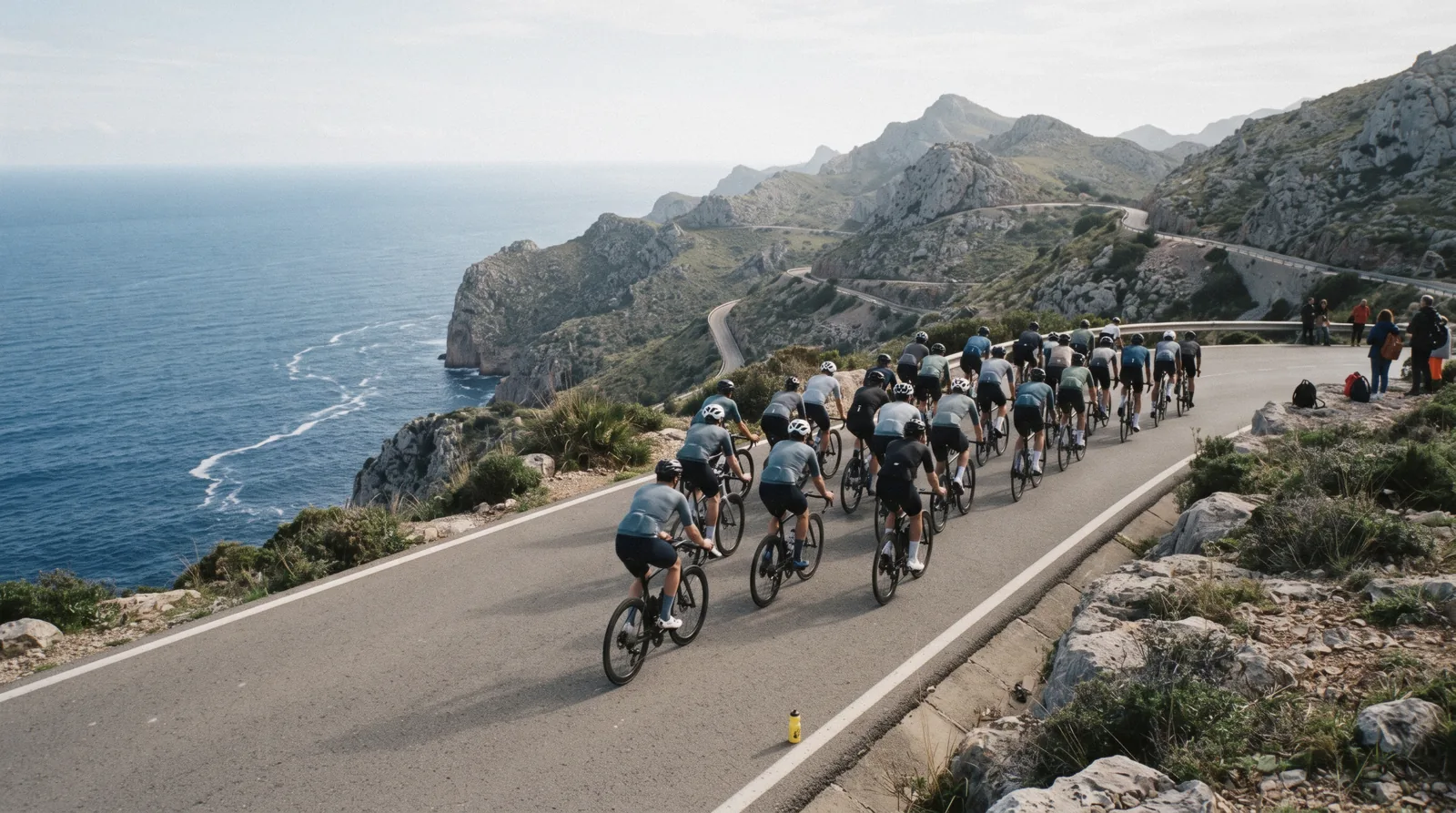 Cyclists sweeping around the coastal road below Chapman's Peak in event livery, the biggest fixture on the Cape Town events calendar