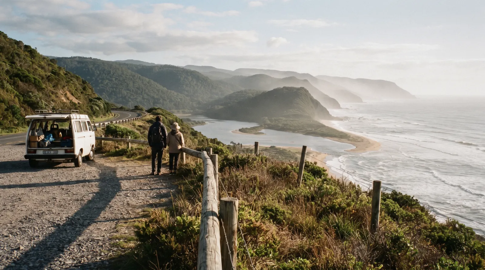 Coastal viewpoint over lagoon and forested headlands on the Garden Route drive from Cape Town