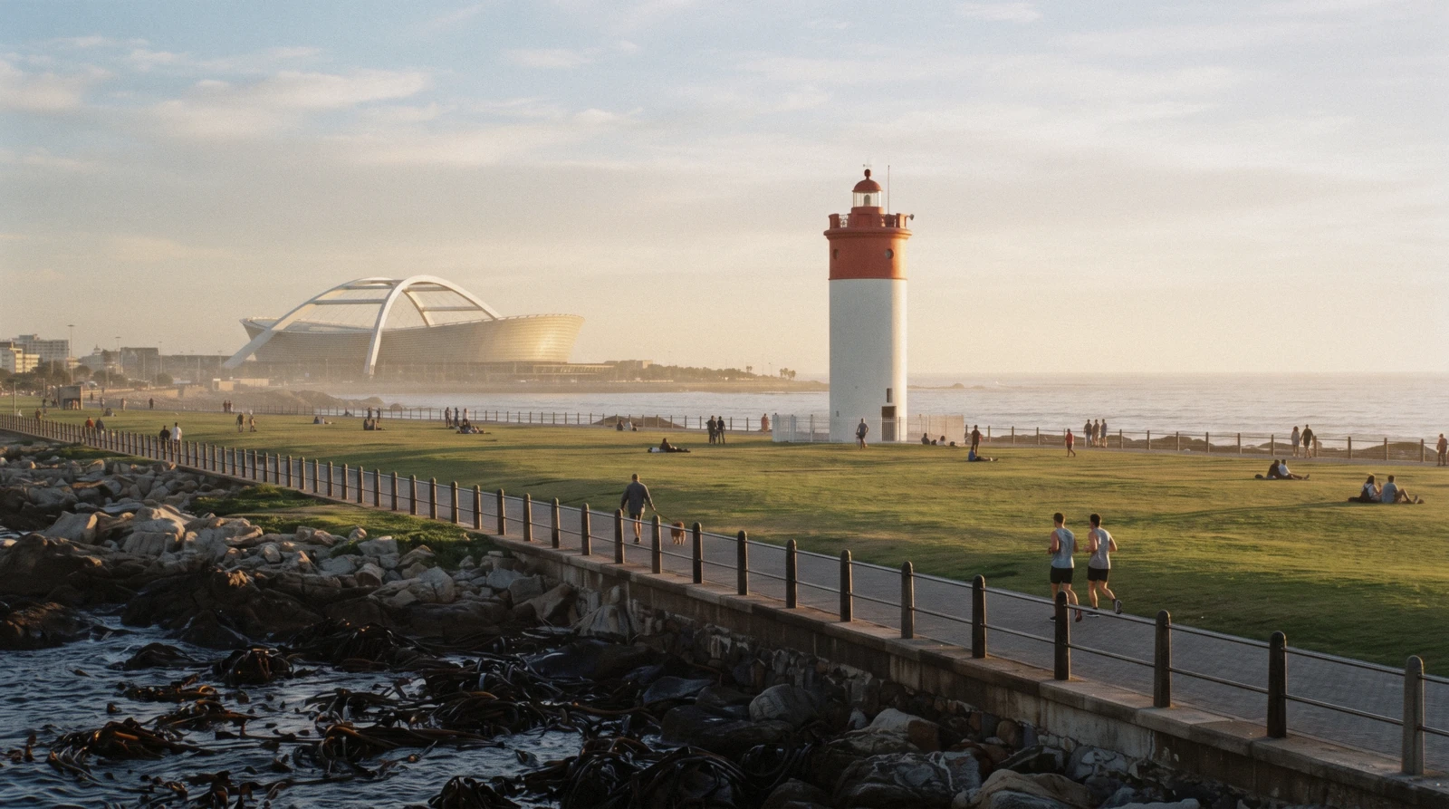 Green Point Cape Town seafront at dusk with the stadium and Signal Hill behind the lighthouse