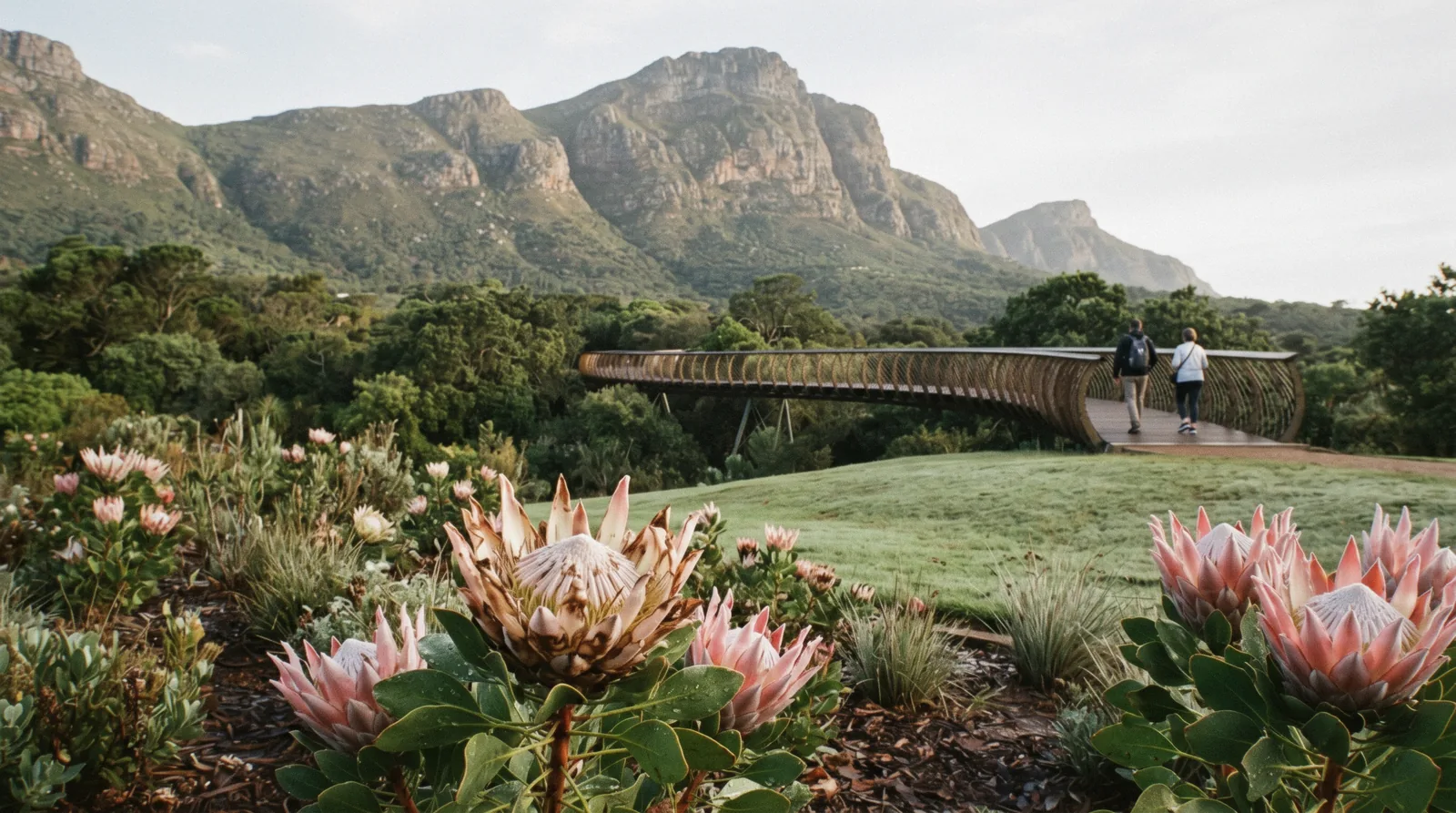 King proteas flowering on the lawns of Kirstenbosch Botanical Gardens with the east face of Table Mountain rising behind
