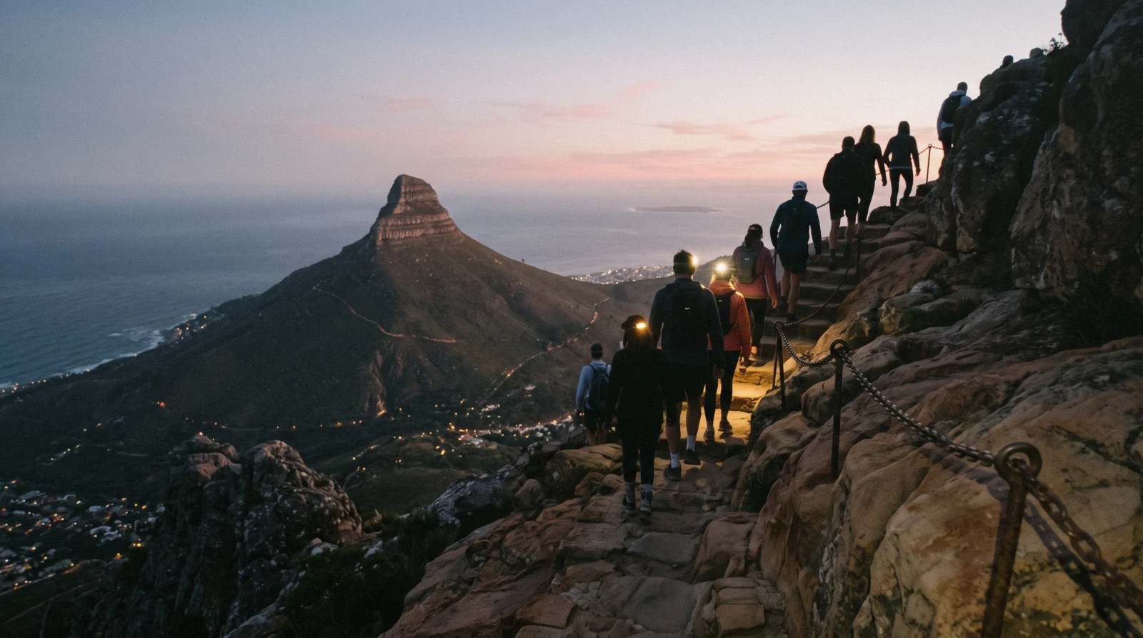 Hikers on the spiral path near the summit of Lion's Head at sunrise with the Atlantic below, Lion's Head Cape Town