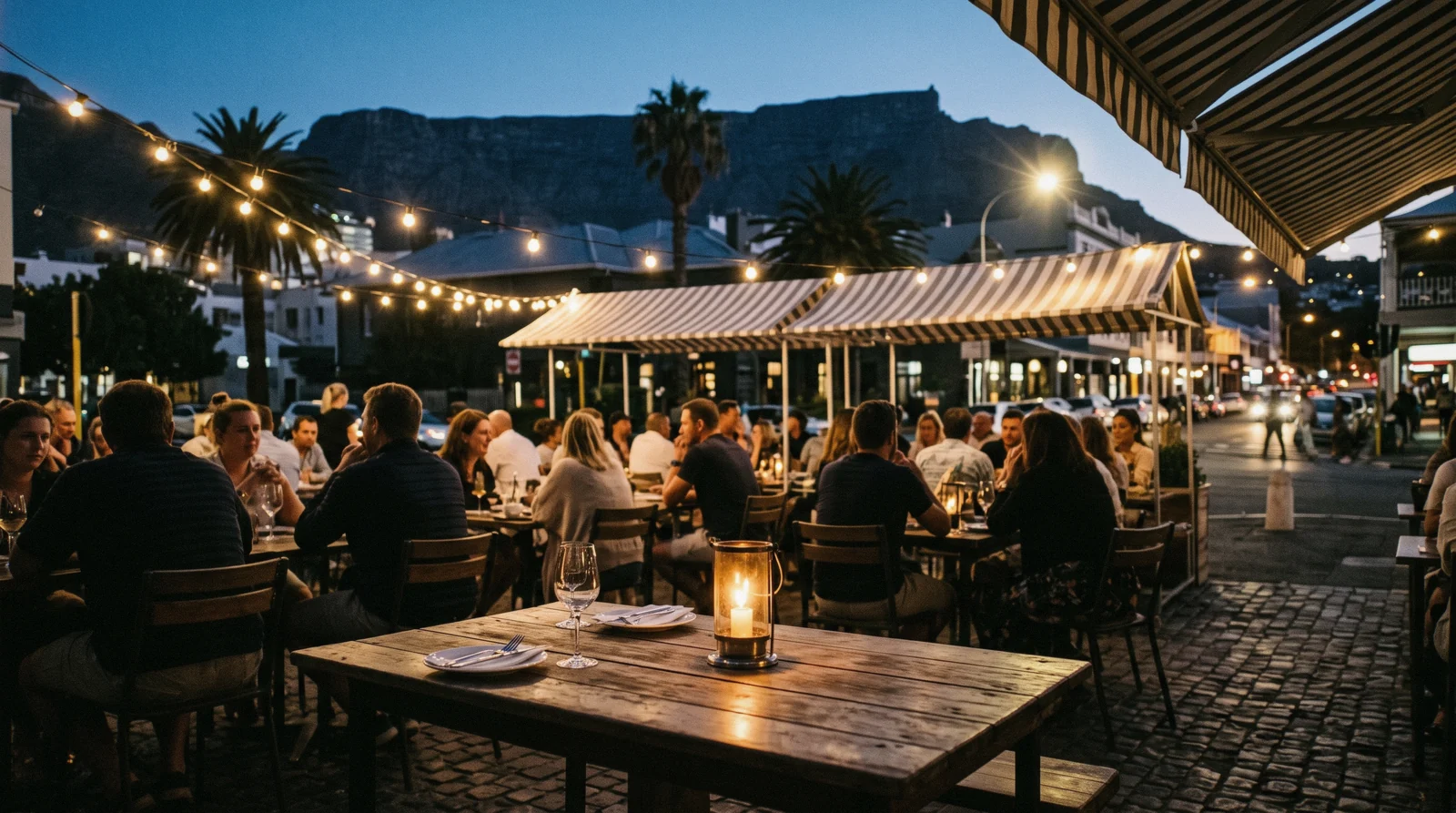 A Cape Town café terrace at dusk with string lights on and the mountain behind, the ordinary evening scene load shedding rarely interrupts now