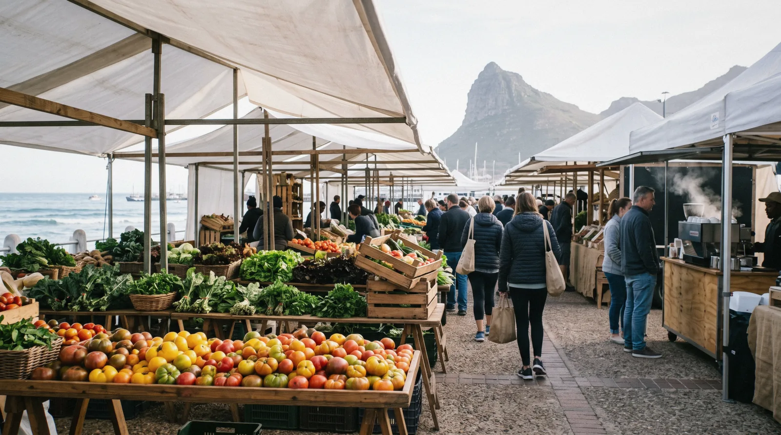 Shoppers among produce and food stalls under the tent roof of the Oranjezicht City Farm Market at Granger Bay, Cape Town