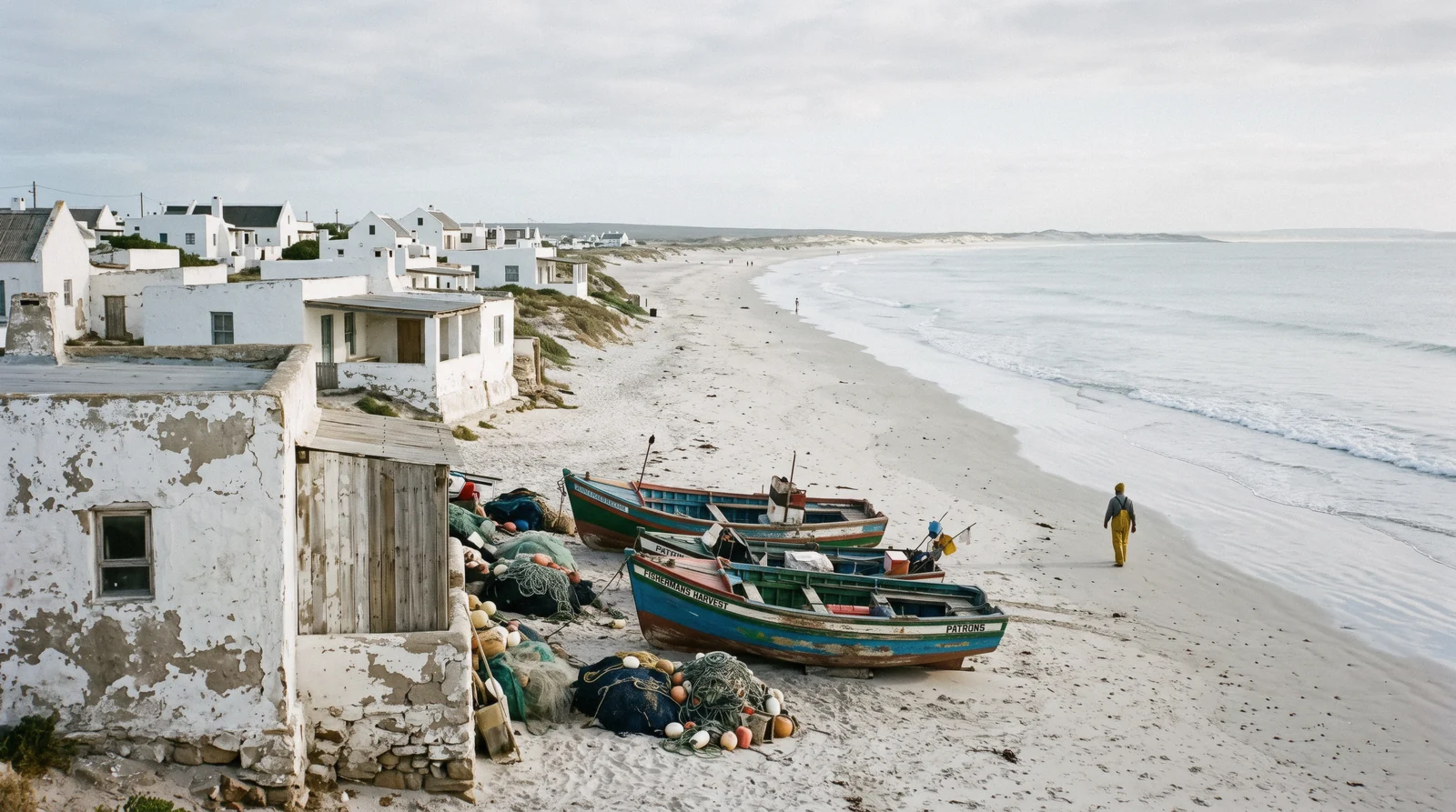 Whitewashed fishermen's cottages above the long white beach at Paternoster on the Cape West Coast