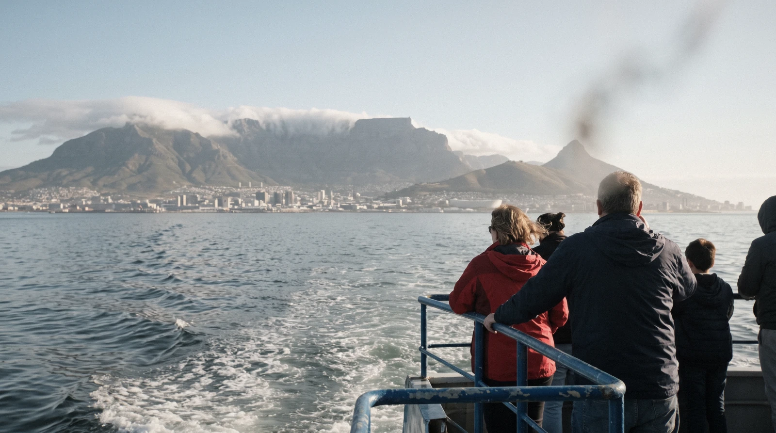 Ferry leaving the V&A Waterfront for the Robben Island tour with Table Mountain behind, Cape Town