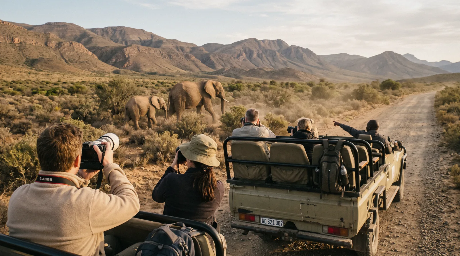 Open safari vehicle watching elephants on a Big Five day safari near Cape Town in the Karoo scrub