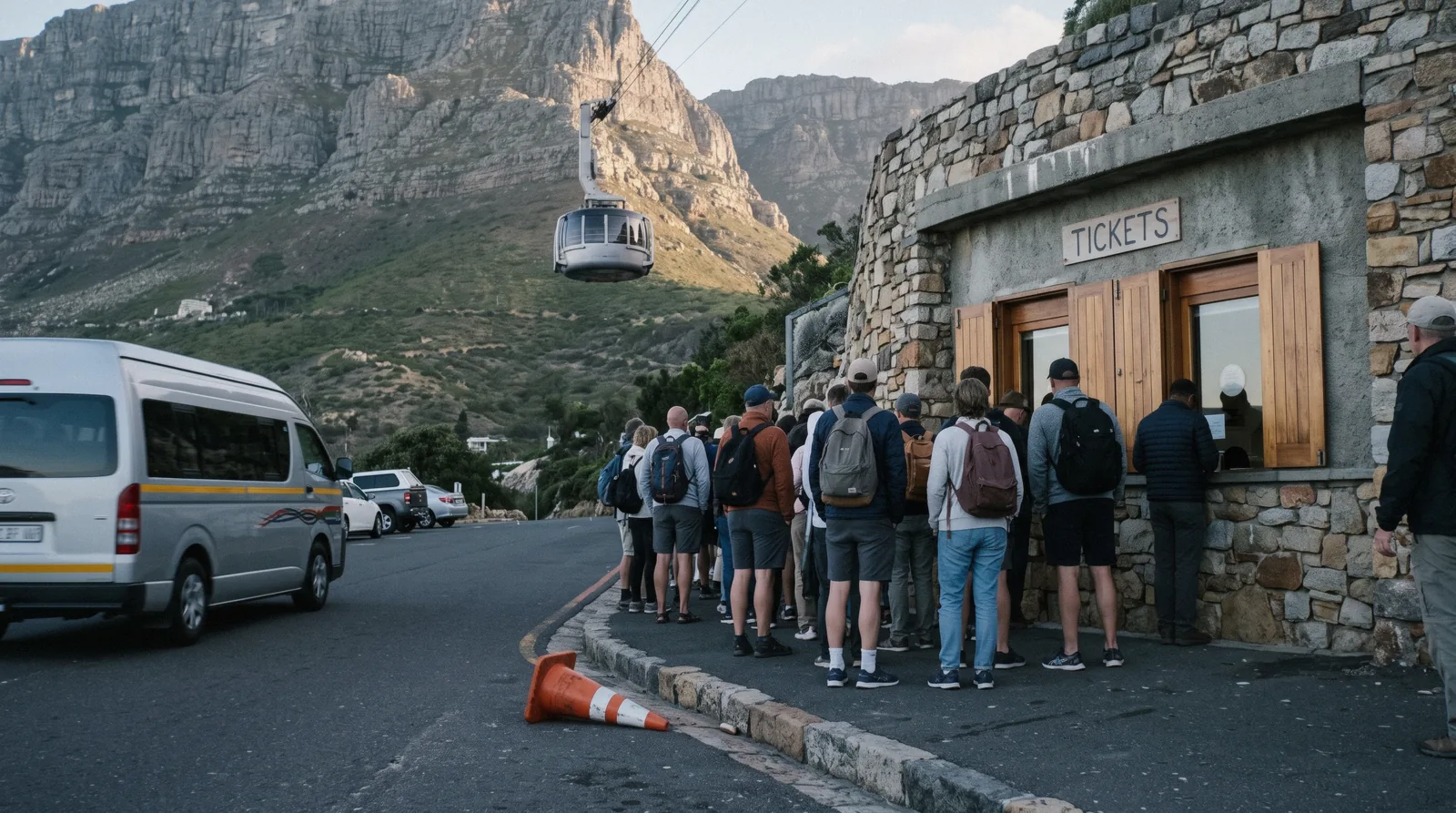 Morning queue at the lower cableway station ticket windows, buying Cape Town attractions tickets