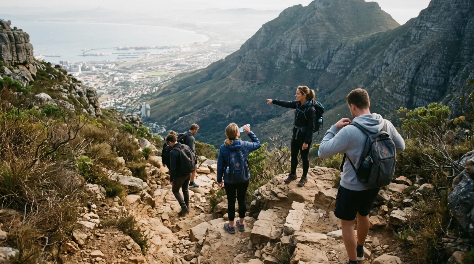 A guide pointing back over the City Bowl from the Platteklip Gorge path, one of the Cape Town tours compared on this page