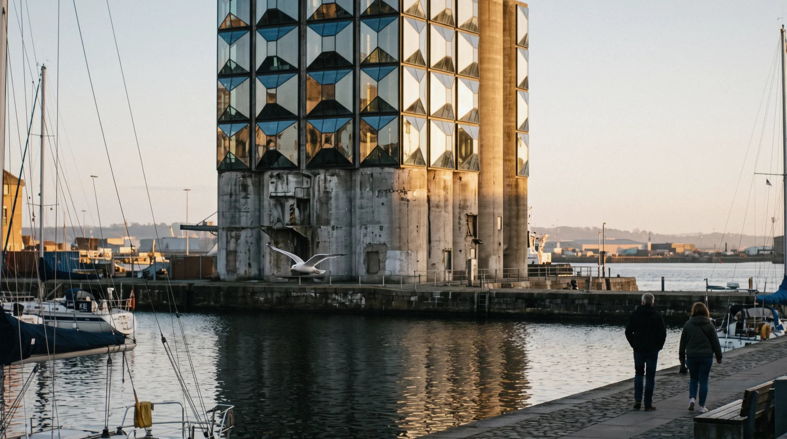 Bulging pillowed windows of the Zeitz MOCAA grain silo building in the Silo District at dusk, V&A Waterfront, Cape Town